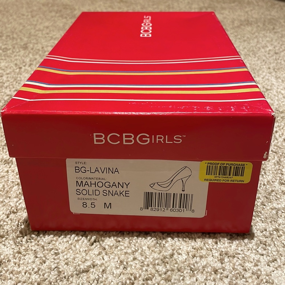 BCBGirls Laguna open toe pumps in Mahogany color and solid snake print